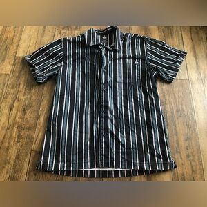 Dickies Skateboarding Button Up Shirt Mens Large Short Sleeve Striped Green